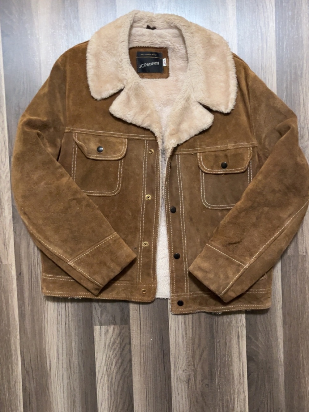 Vintage JCPENNY Brown Suede Jacket Sherpa Western USA Mens 42 Leather Coat